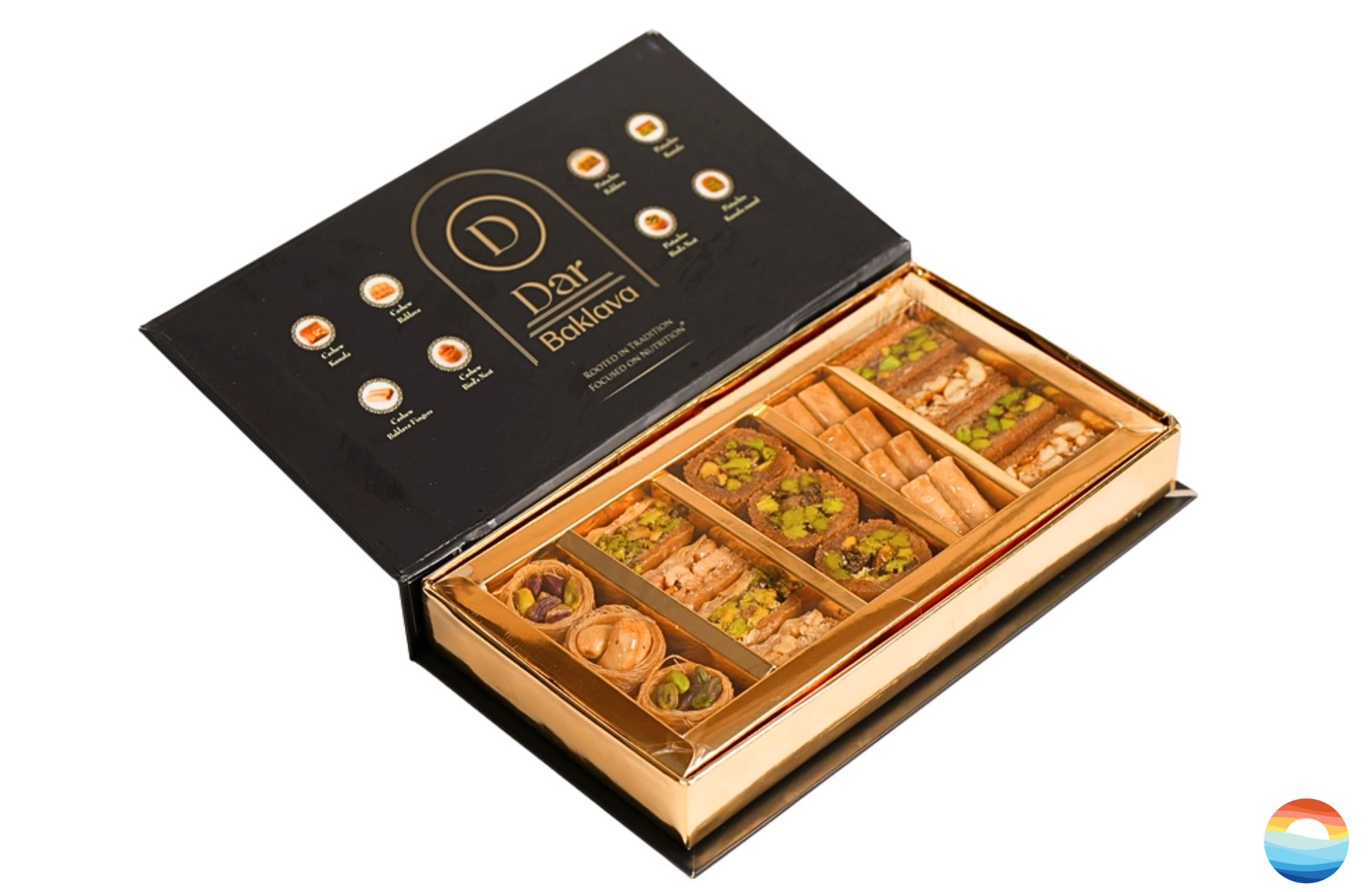 Set of 22 handcrafted, delicious baklava pieces with 8 different varieties, including pistachio baklava, pistachio kunafa, pistachio kunafa round, pistachio bird's nest, cashew baklava, cashew kunafa, cashew baklava fingers, and cashew bird's nest. 6 clean, high-quality, all-natural ingredients: Premium pistachio and cashew, wheat flour, real cane sugar, butter ghee, corn starch, and milk. No preservatives, artificial ingredients, high fructose corn syrup, or colors.
