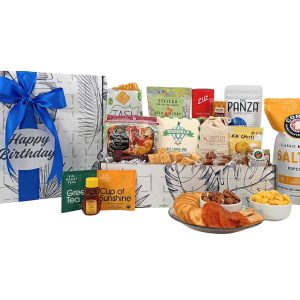 Send a gourmet birthday gift basket filled with specialty snacks, savory treats, and sweets.