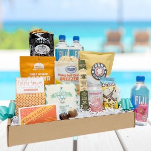 Our "Cabana Getaway" gift basket is designed with hotel guests in mind! Bottled beverages and travel friendly snacks delivered straight to their hotel!