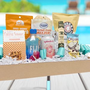 Our "Cabana Getaway" gift basket is designed with hotel guests in mind! Bottled beverages and travel friendly snacks delivered straight to their hotel!