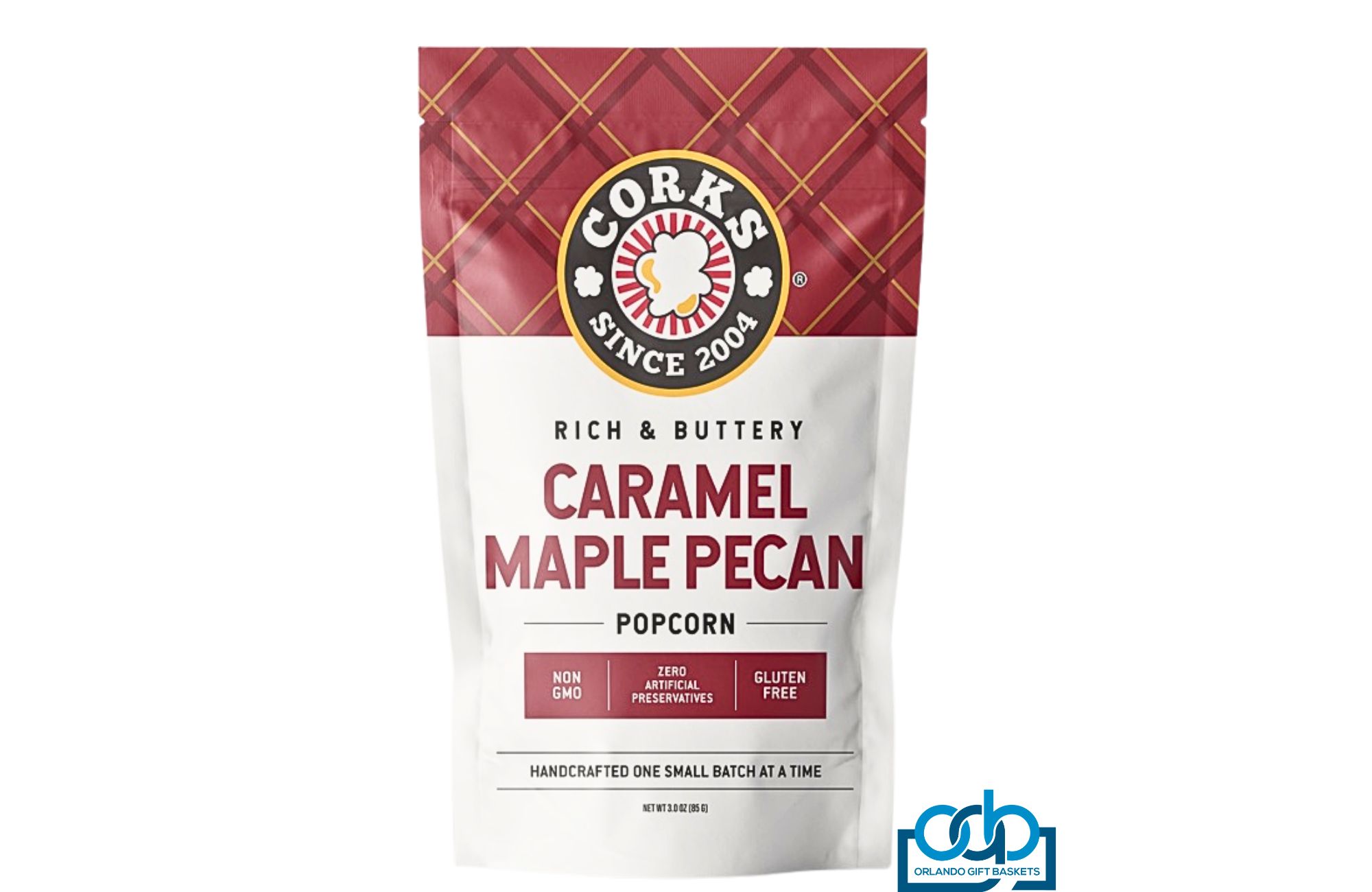 Crunchy, rich, and buttery Caramel Maple Pecan popcorn - just as good as it sounds! Handmade one small batch at a time. The "Corks" brand still takes the extra time to sift any un-popped or broken popcorn pieces. Gluten Free. 3 oz.