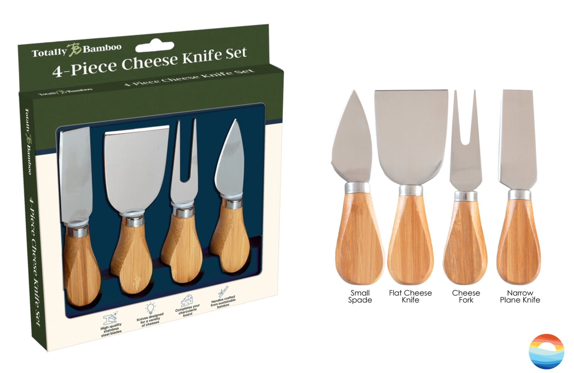Set of 4 Cheese Tools: 1) Small spade for breaking off chunks of hard and dry cheeses. 2) Flat cheese knife for slicing aged cheeses. 3) Cheese fork for picking up cut pieces of cheese for plating. 4) Narrow plane knife for chipping away at the block.