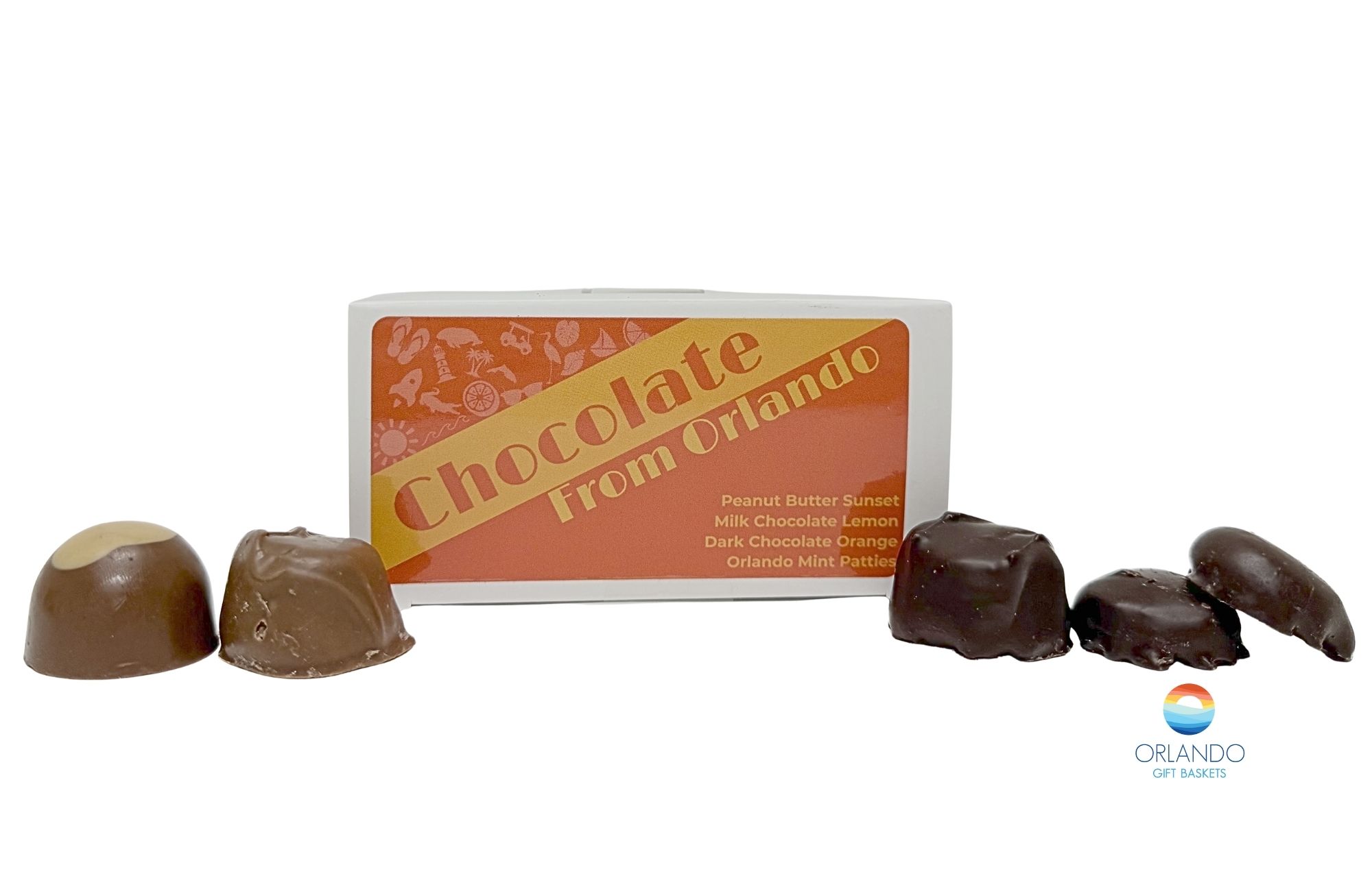 A collection of Florida inspired chocolates including Milk Chocolate Peanut Butter, Milk Chocolate Lemon, Dark Chocolate Orange, and Classic Peppermint Patties.