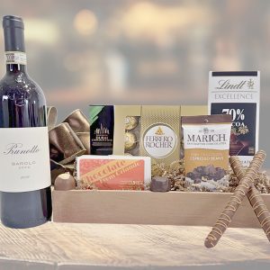A gift basket serving up a classic combination of chocolate and wine. A fantastic choice for any occasion!