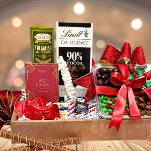 An indulgent holiday gift basket filled with a variety of chocolatey treats!