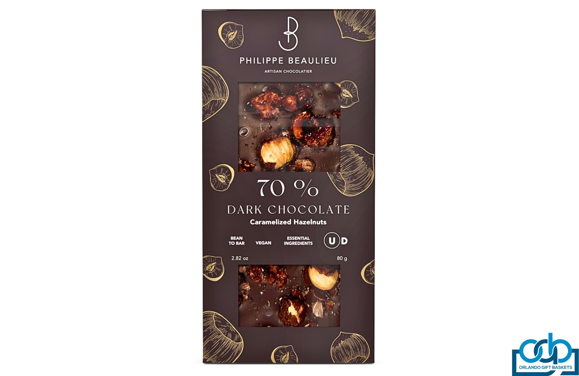 70% dark chocolate made with organic certified cacao and organic unrefined sugar. Sprinkled with caramelized hazelnuts for the perfect added sweetness and crunch. From Philippe Beaulieu in Miami, Florida. Gluten Free, Vegan, Kosher. 2.8 oz.