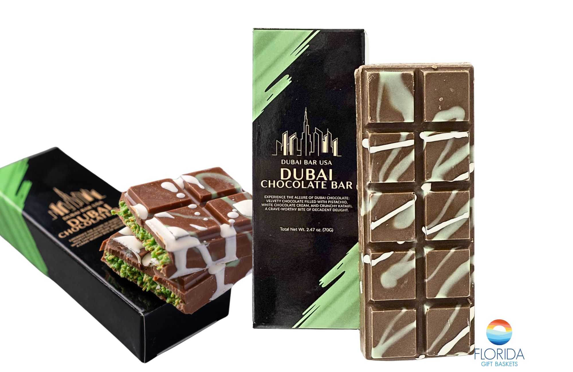 This indulgent bar combines rich chocolate, flaky kataifi pastry, creamy pistachio butter, and crisp textures for a luxurious bite. 2.47 oz.