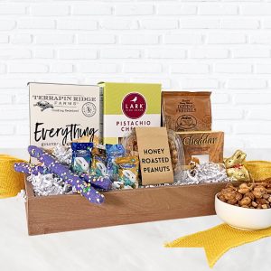 Our petite gourmet Easter basket complete with Easter chocolates, cheese spread, crackers, and more!