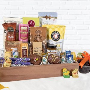 A large gourmet Easter basket with sweet and salty gourmet delights