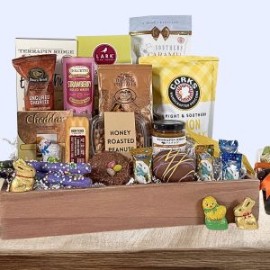 A large gourmet Easter basket with sweet and salty gourmet delights plus a bottle of wine of your choosing.