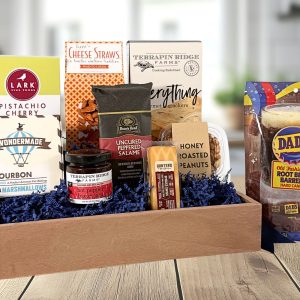 This gift basket, Dad's Snack Stash, is a perfect gourmet Father's Day gift! Filled with a variety of sweet, salty, and savory snacks!