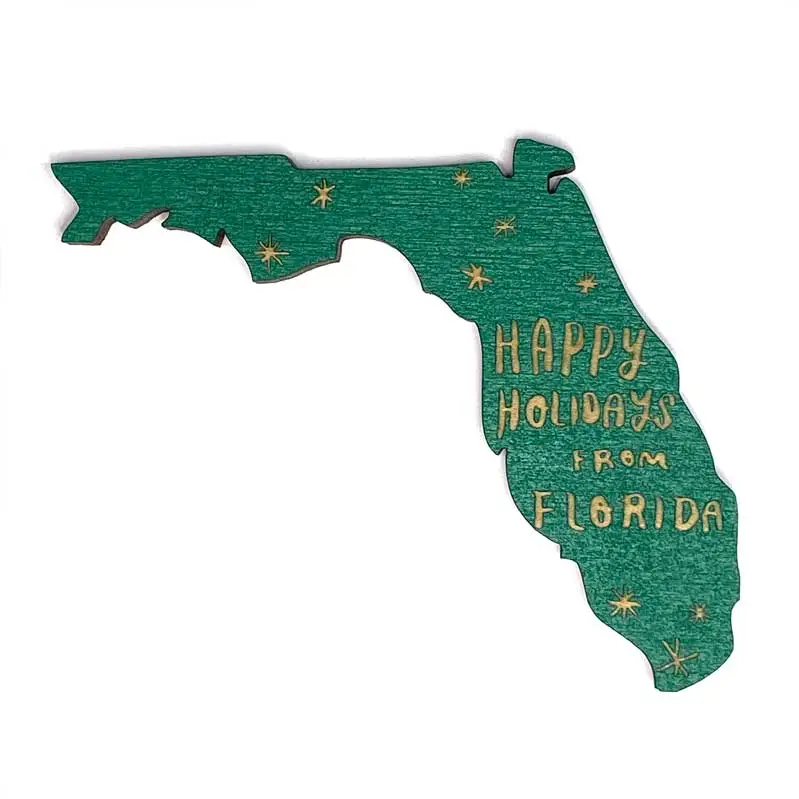 Wooden "Florida" cut out with a strong magnet on the back. "Happy Holidays From Florida" is engraved on the iconic peninsula. Available in red, not green as shown.