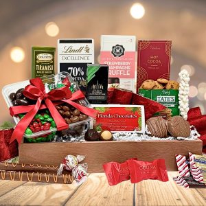 An indulgent gourmet chocolate gift basket with holiday flair, the perfect indulgence for the season!