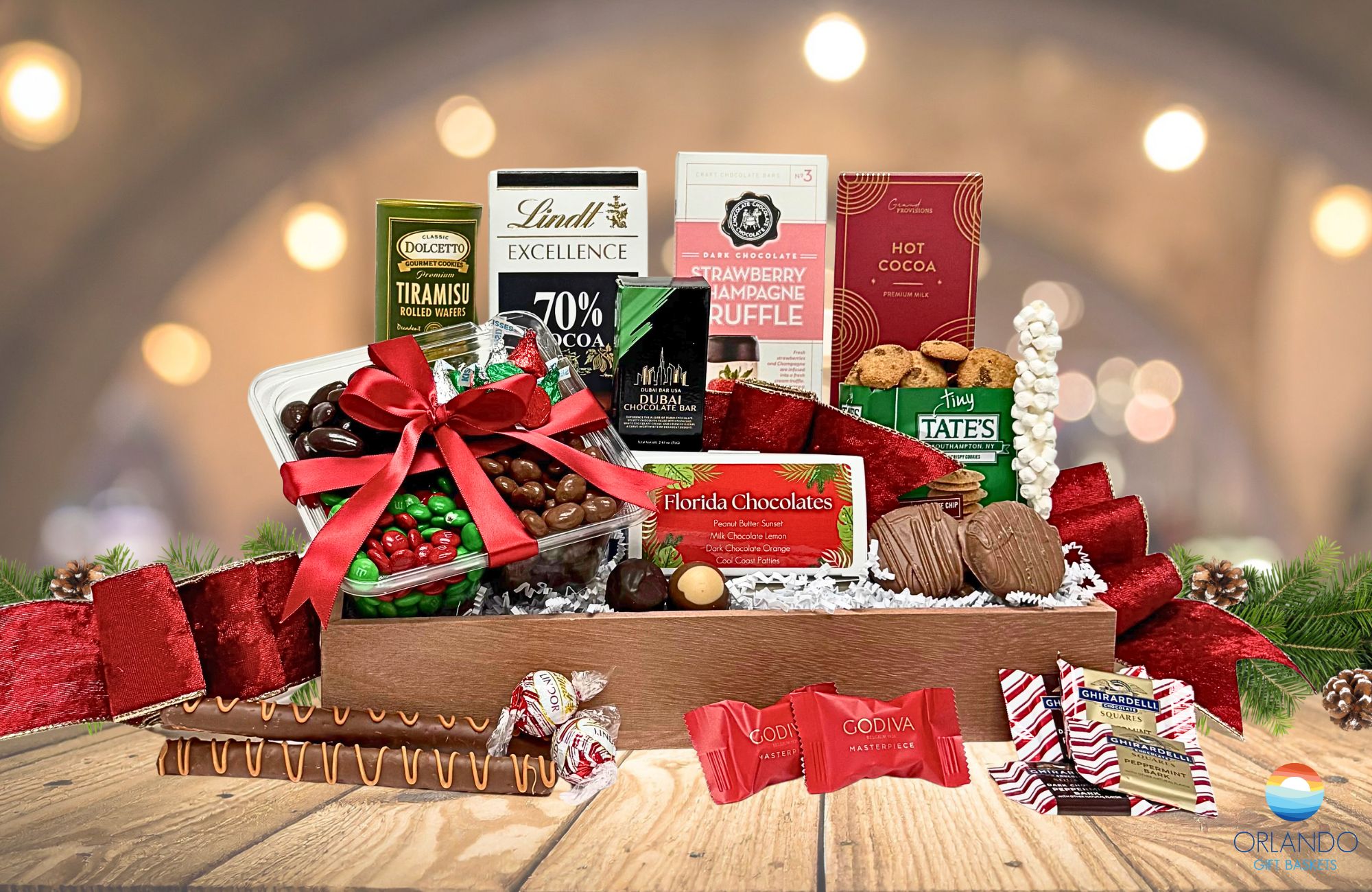 An indulgent gourmet chocolate gift basket with holiday flair, the perfect indulgence for the season!