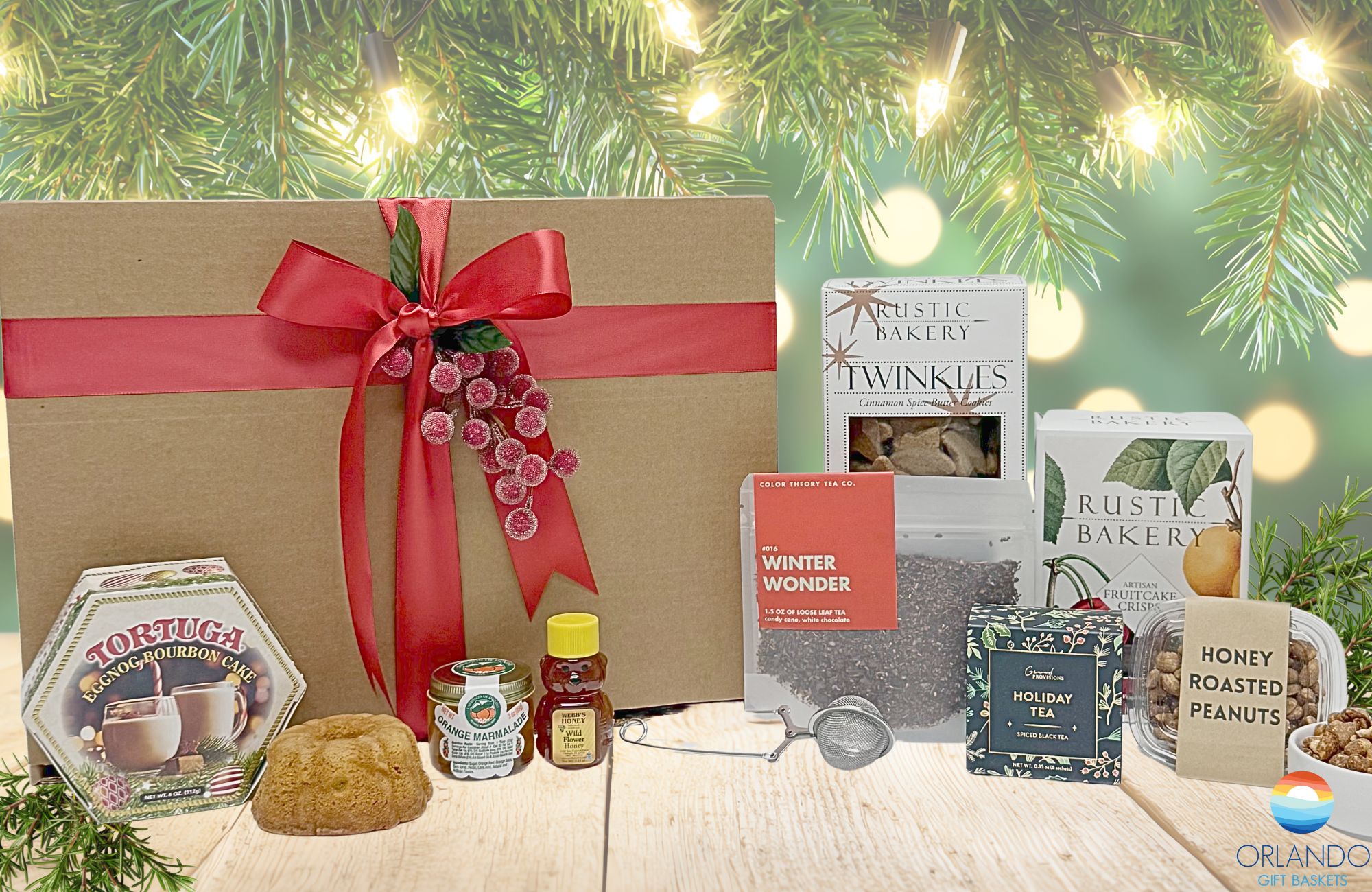 Holiday gift basket with a variety of tea and treats.