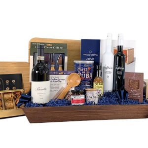 This Gourmond Gift Basket is a premium wine gift basket with wine, a Cheese Grotto, cheese board, gourmet foods, Florida specialties, and your choice of wine.