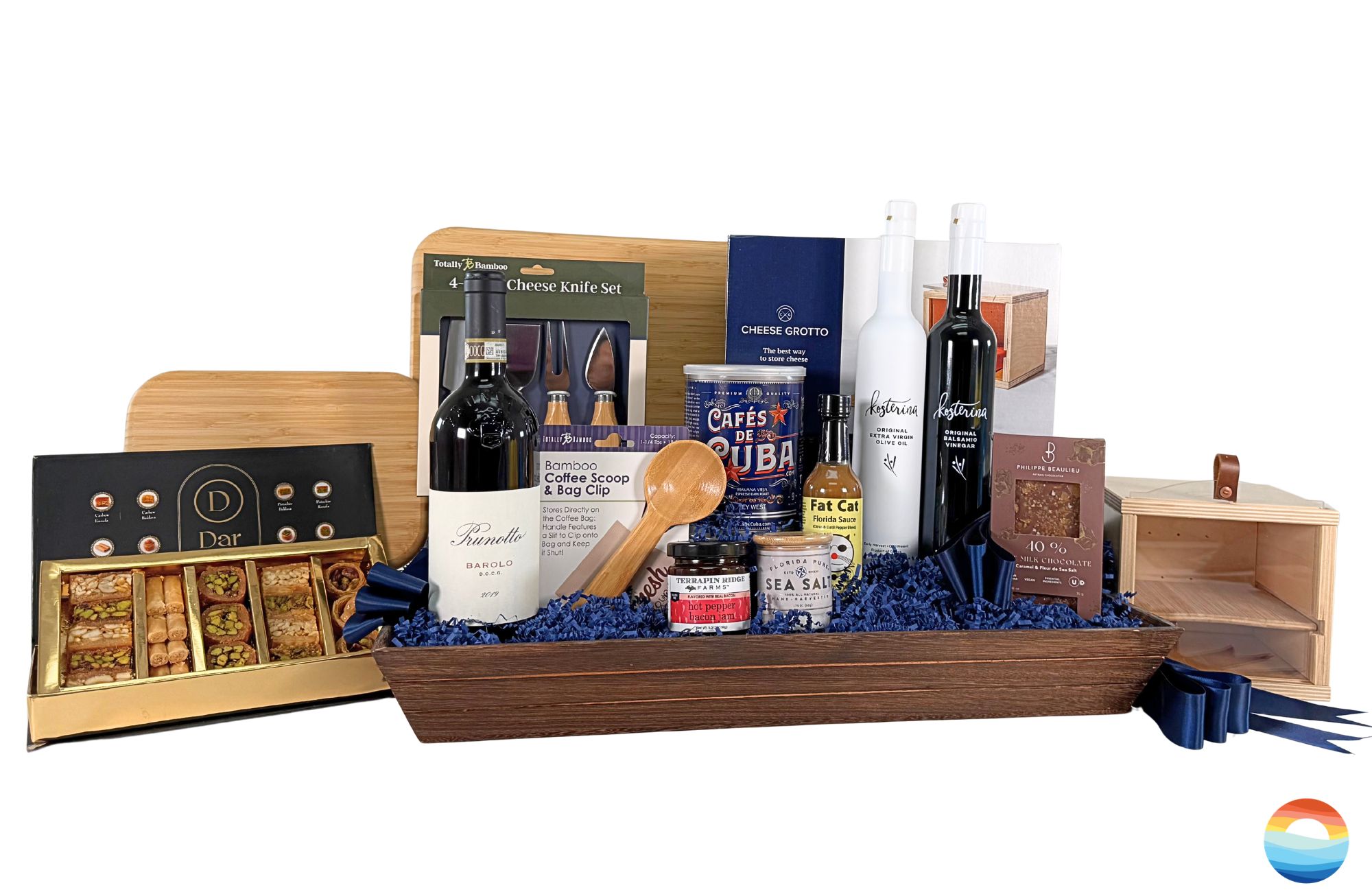 This Gourmond Gift Basket is a premium wine gift basket with wine, a Cheese Grotto, cheese board, gourmet foods, Florida specialties, and your choice of wine.