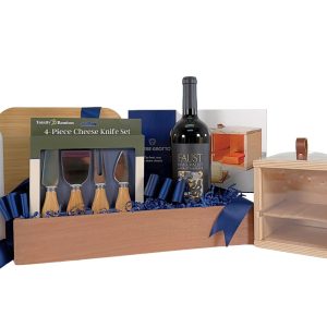Send a wine and cheese gift basket featuring a Cheese Grotto, cheese board, premium olive oil and balsamic vinegar, plus your choice of wine.
