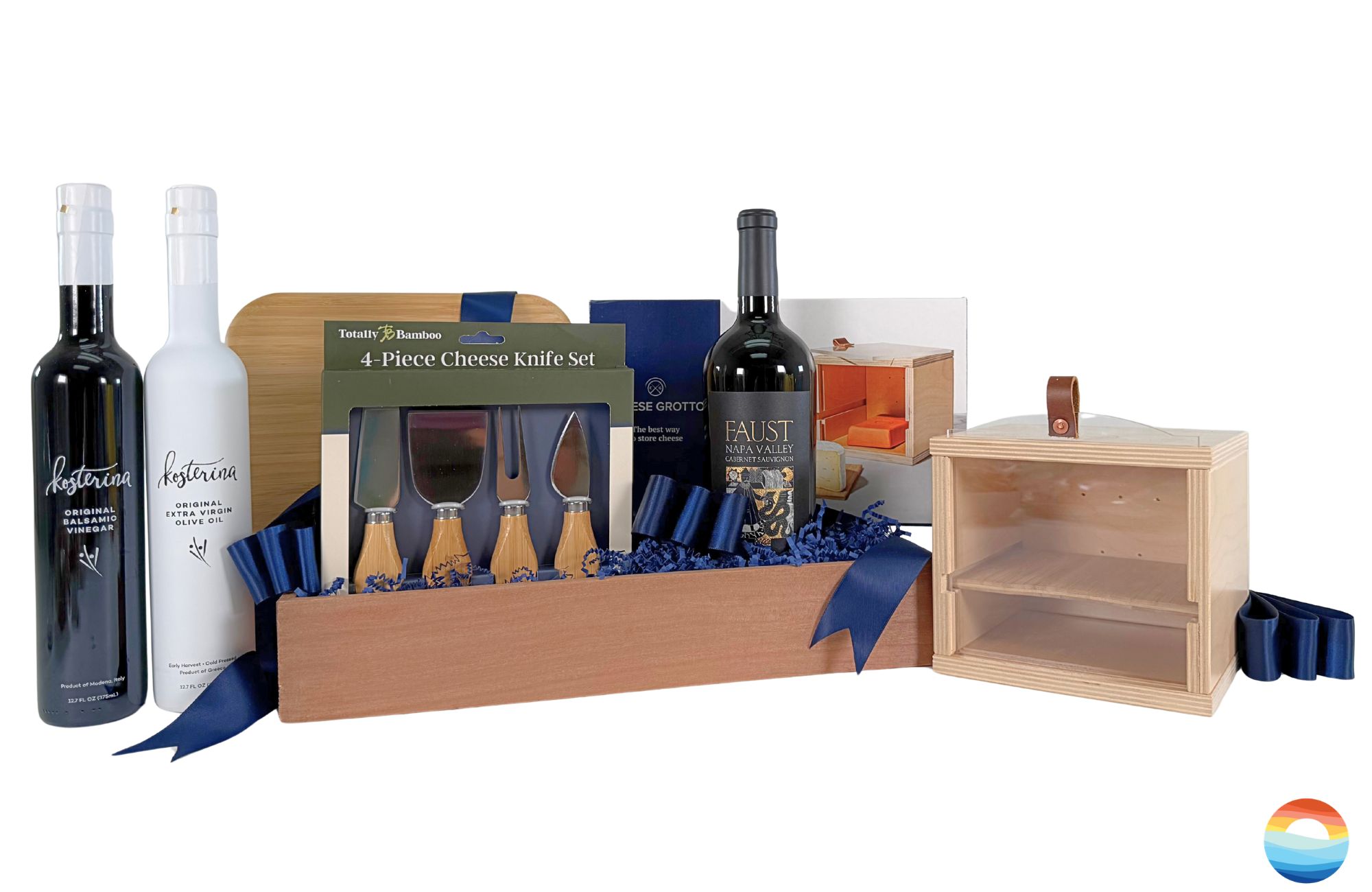 Send a wine and cheese gift basket featuring a Cheese Grotto, cheese board, premium olive oil and balsamic vinegar, plus your choice of wine.