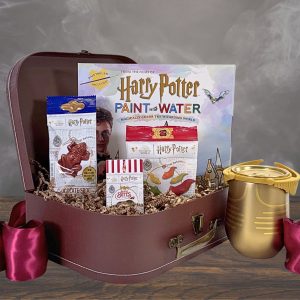 A Harry Potter themed gift basket with sweet treats, a paint with water book, and a Golden Snitch Corkcicle