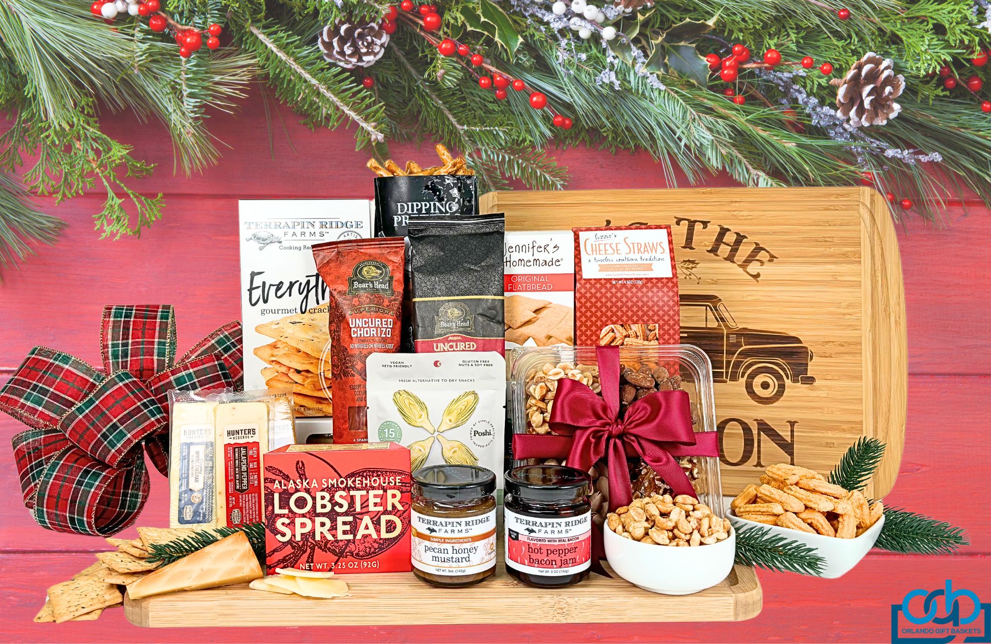 A variety of cheese and meat with all the accompaniments delivered on a large bamboo cutting board with a touch of holiday magic.