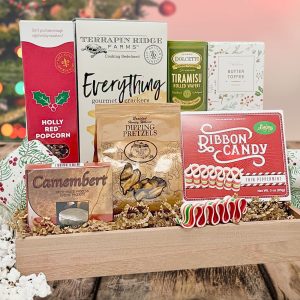 Our small sized "Holiday Gourmet" Gift basket, complete with sweet and salty holiday treats!