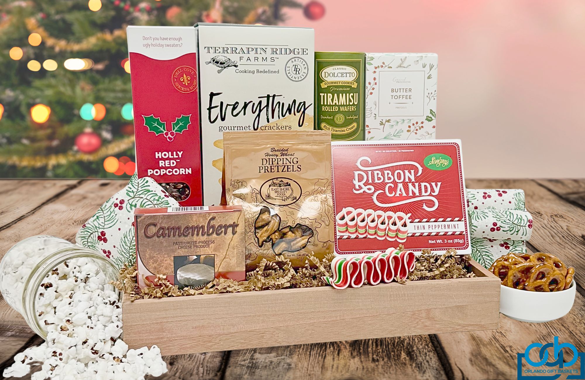 Our small sized "Holiday Gourmet" Gift basket, complete with sweet and salty holiday treats!