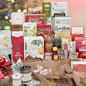 Our extra large "Holiday Gourmet" Gift basket, complete with all the sweet, salty, chocolatey holiday treats! Option to add on a bottle of wine.