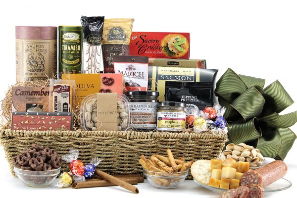 Generous gourmet gift basket filled with a variety of chocolate treats, cheses, dips, and more.