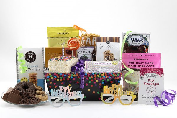 Birthday theme gift basket loaded with nothing but the sweetest treats!