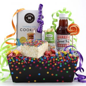 Birthday theme gift basket filled with sweet treats!