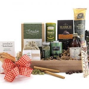 A large gift basket filled with all the essentials for an Italian inspired dinner - pasta, sauce, coffee, biscotti, and lots more!