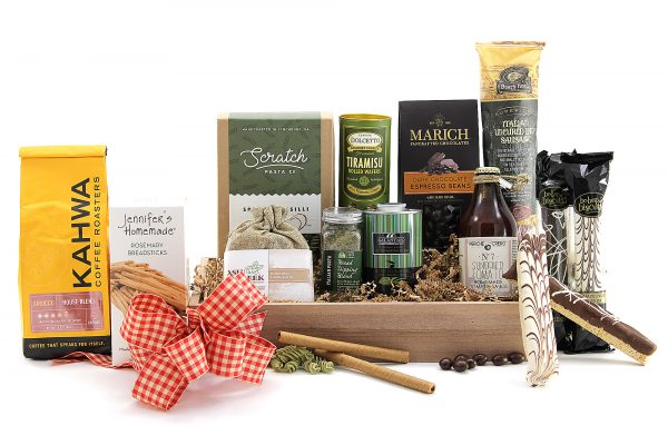 A large gift basket filled with all the essentials for an Italian inspired dinner - pasta, sauce, coffee, biscotti, and lots more!