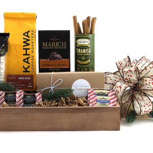 Gift basket filled with ground coffee and chocolatey treats to match!