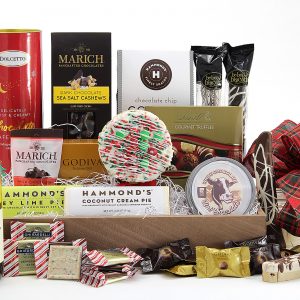 Large holiday gift basket filled with chocolatey treats and a bottle of wine!