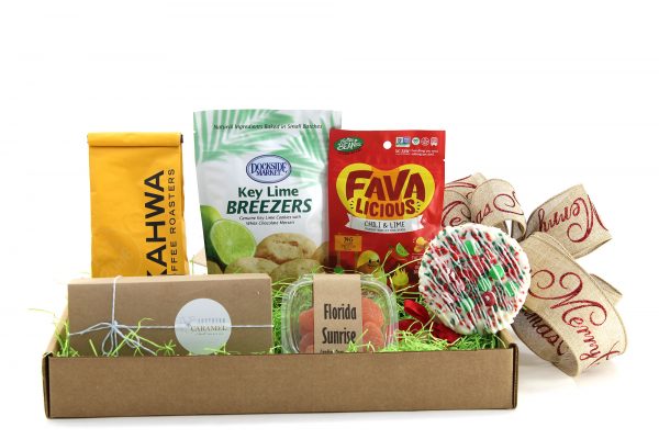 Holiday gift basket with Florida-made treats including caramel, key lime cookies, and more!