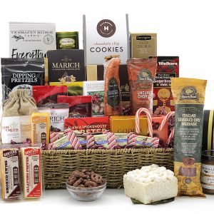 A large holiday gift basket overflowing with gourmet goodness!