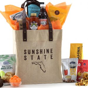A collection of Florida-made and Florida-inspired treats, all packaged inside a quality tote bag with our iconic state shape printed on the front panel!
