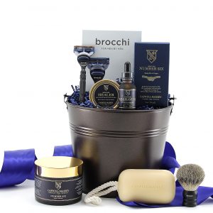 Men's grooming gift basket containing facial shaving essentials from Caswell-Massey, famous for soaps, skincare, and men's grooming essentials.