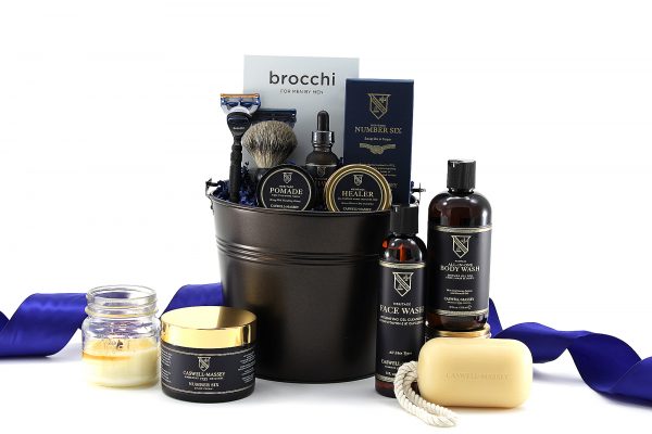 Men's grooming gift basket containing facial shaving essentials from Caswell-Massey, famous for soaps, skincare, and men's grooming essentials.