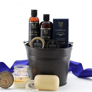 Assorted shower and grooming items including soap, hair pomade, face wash, and more. Products are made by Caswell-Massey, America's original soap and fragrance company.
