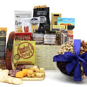 Large gift basket filled with salty and heart snacks including cheeses, meats, pretzels, dips, and more!