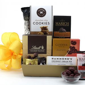 Assorted chocolate treats are delivered in this indulgent gift basket!