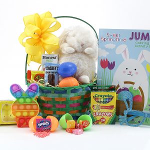 A kid-friendly collection of Easter favorites including candy filled plastic eggs, a festive coloring book and crayons, a plush bunny, chocolates, Marshmallow Peeps, and more!