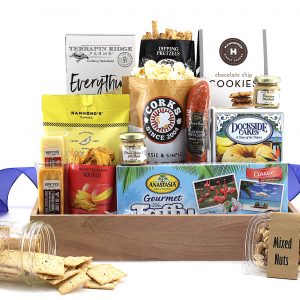 A traditional gift basket filled with sweet & salty snacks!
