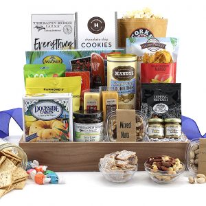 An overflowing gift basket of sweet, salty, and savory favorites!