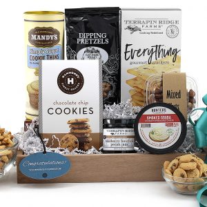 A gift basket to share congratulations, complete with a selection of sweet & salty treats!