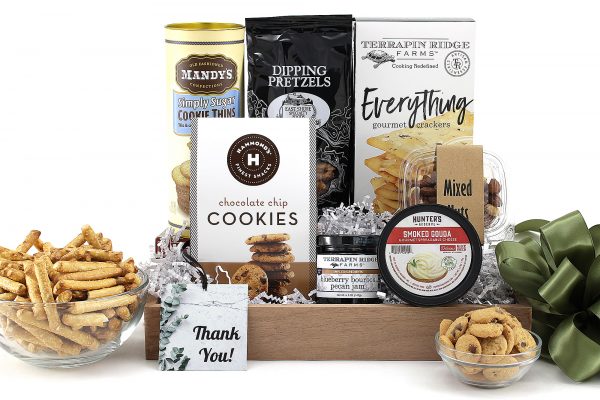 A gift basket of gratitude complete with sweet and salty treats!