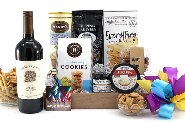 Birthday gift basket of tasty treats and a bottle of wine!