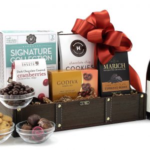 This gift basket is full of chocolatey goodness and a bottle of wine. All contents neatly packaged inside a keepsake wooden trunk.